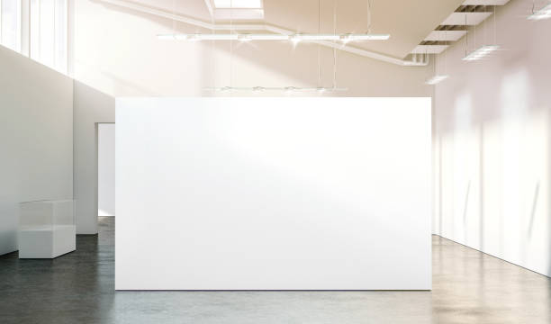 Blank white wall mockup in sunny modern empty gallery Blank white wall mockup in sunny modern empty gallery, 3d rendering. Clear big stand mock up in museum with contemporary art exhibitions. Large hall interior with wide banner exposition template. exhibition place toronto stock pictures, royalty-free photos & images