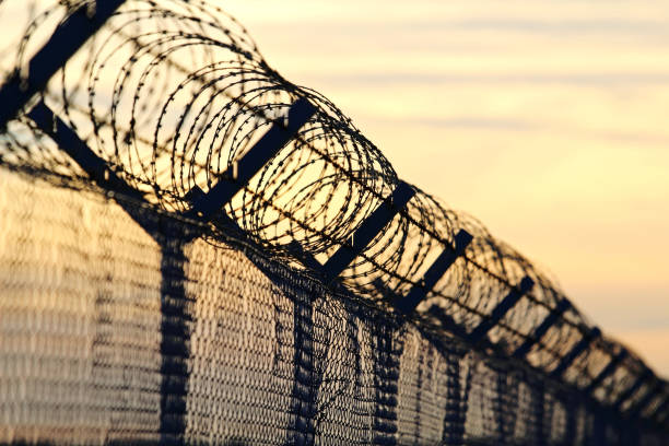 barbed wire steel wall against the immigrations in europe barbed wire steel wall against the immigrations in europe geographical border stock pictures, royalty-free photos & images