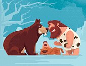 vector illustration of caveman defending bear… 
