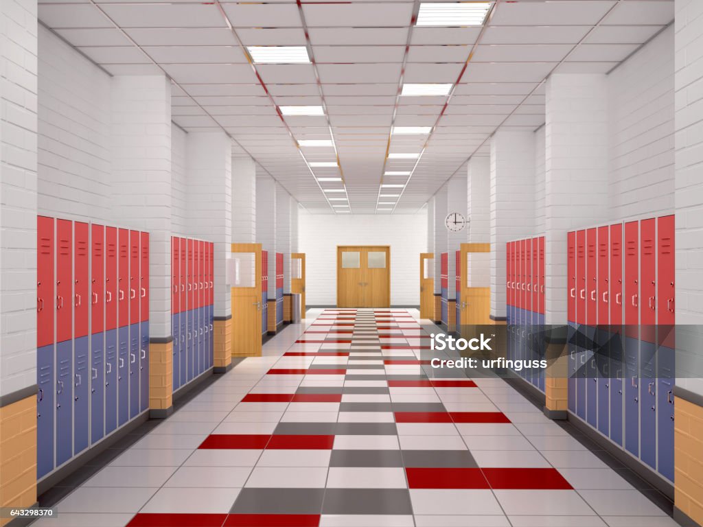 casiers dans le couloir du lycée - Photo de Établissement scolaire libre de droits