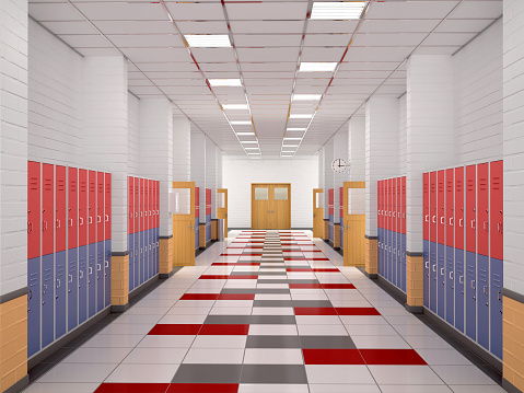 lockers in the high school hallway. 3d illustration