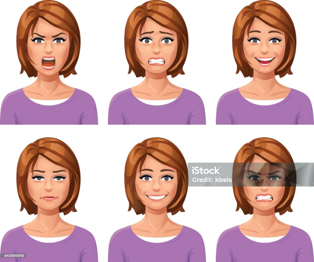 Woman Facial Expressions Vector illustration of a young red-haired woman, with six different facial expressions: laughing, smiling, angry, furious, anxious and neutral. Women stock vector