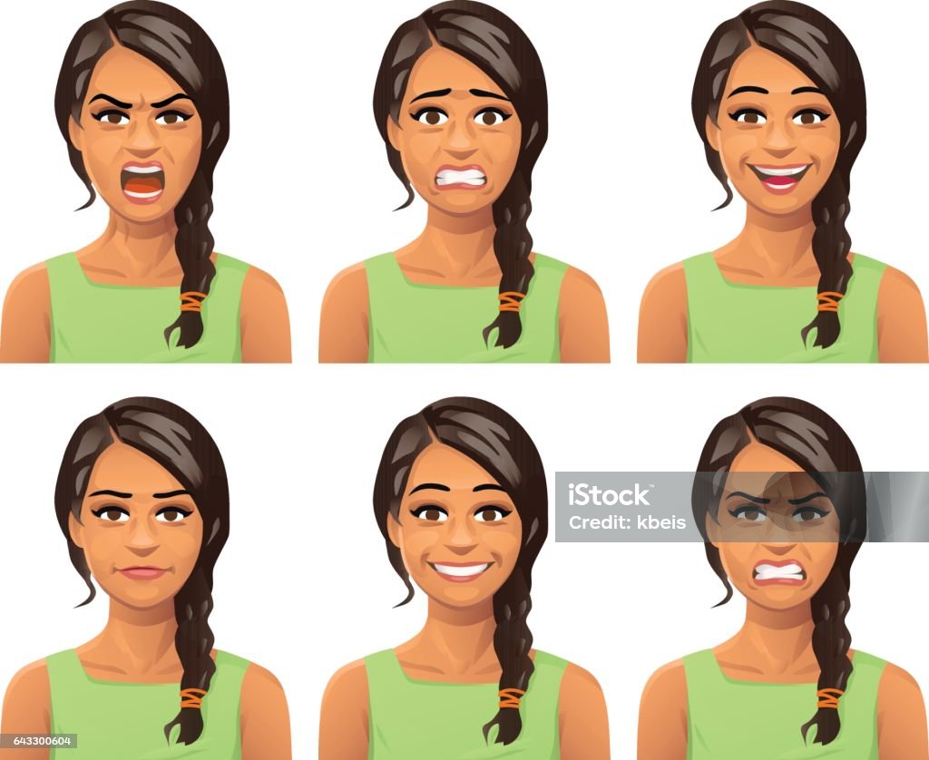 Young Woman Facial Expressions Vector illustration of a young woman with a braid, with six different facial expressions: laughing, smiling, angry, furious, anxious and neutral. Women stock vector
