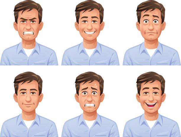 Vector illustration of a young man with six different facial expressions: laughing, smiling, angry, sceptic/puzzled, anxious and neutral.