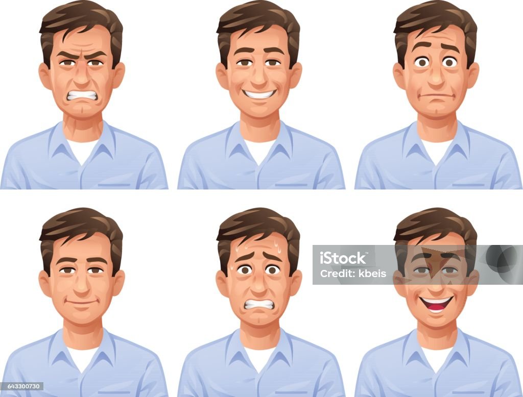 Man Facial Expressions Vector illustration of a young man with six different facial expressions: laughing, smiling, angry, sceptic/puzzled, anxious and neutral. Men stock vector