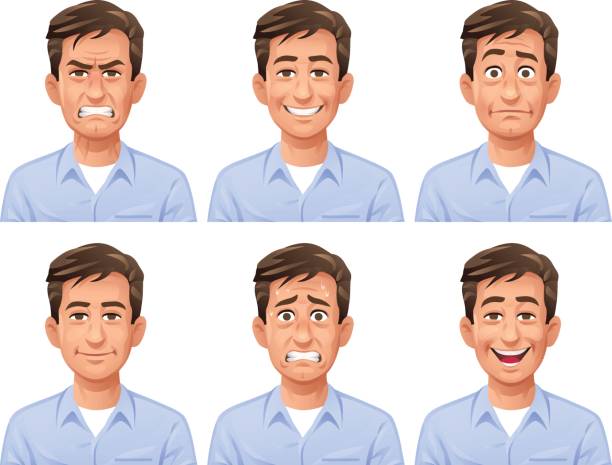 Man Facial Expressions Vector illustration of a young man with six different facial expressions: laughing, smiling, angry, sceptic/puzzled, anxious and neutral. part of a series stock illustrations