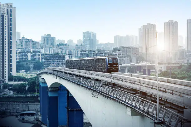 light rail moving on railway in chongqing