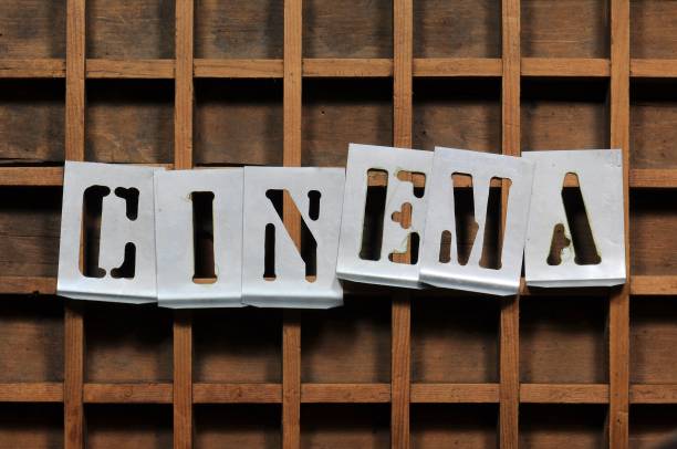 istock Word CINEMA with stencils on old typefaces wooden container. 643320962