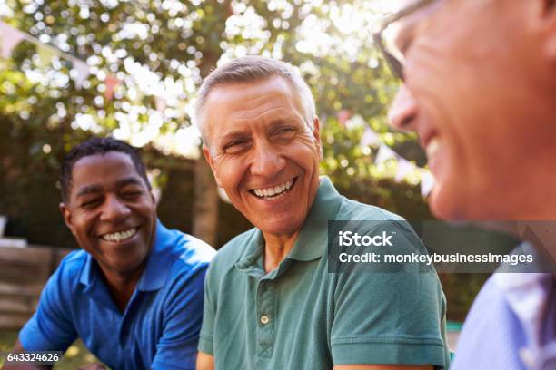 Mature Male Friends Socializing In Backyard Together Stock Photo - Download Image Now