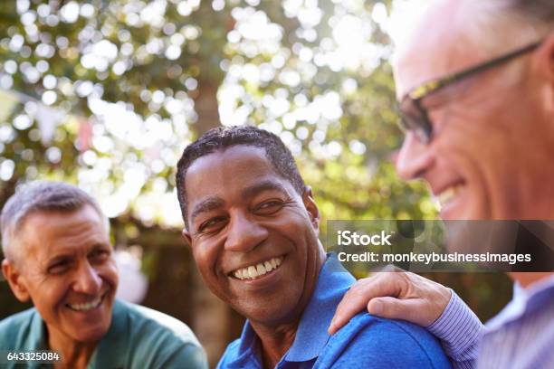 Madura A Amigos Socializar Juntos En El Patio Trasero Foto de stock y más banco de imágenes de Hombres