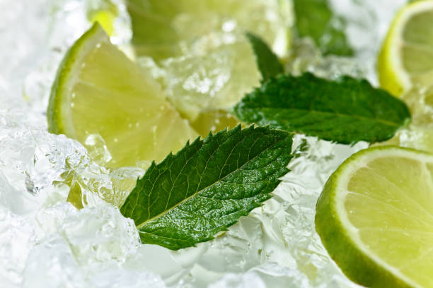 istock lime slices and mint leaves on ice 643329410