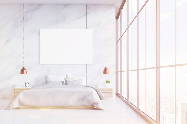 istock Front view of marble bedroom with poster, toned 643332340