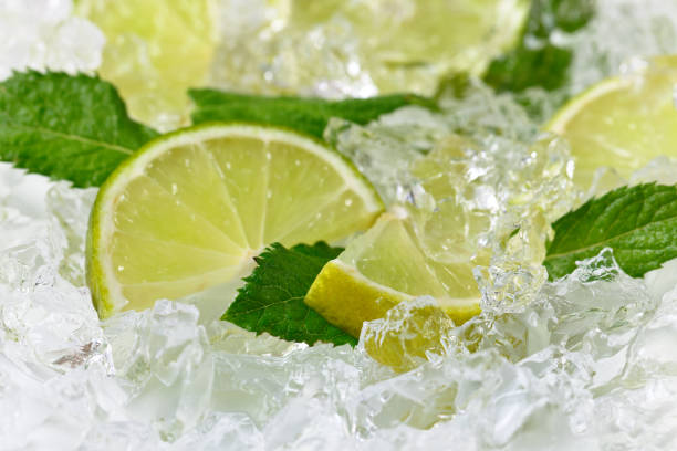 lime slices and mint leaves on ice