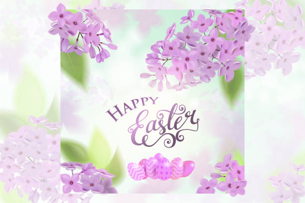 istock Happy easter card with lettering, lilac flowers bouquet and doodle branches. Vector 643332532