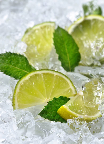 istock lime slices and mint leaves on ice 643333330