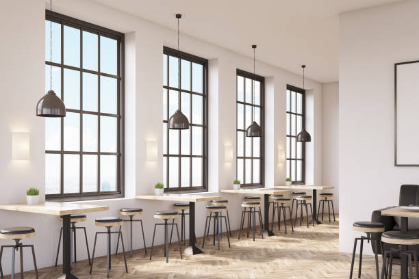 istock Sive view of cafe with sofa, wooden floor 643336388