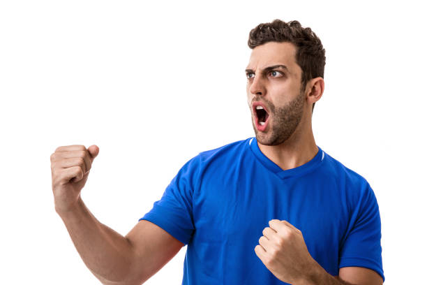 istock Fan / Sport Player on blue uniform celebrating on white background 643339094