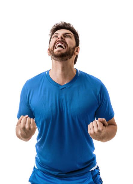 istock Fan / Sport Player on blue uniform celebrating on white background 643339112