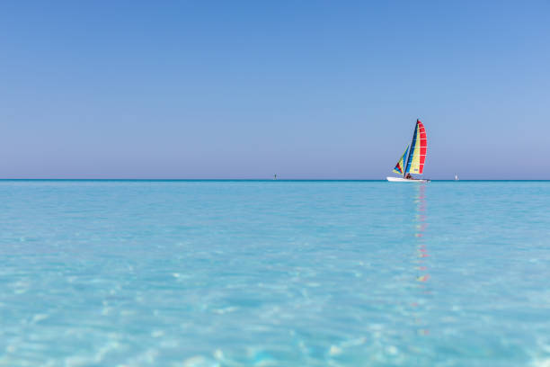 Idyllic Tropical Sand Beach, Cayo Coco, Cuba DSLR picture of an idyllic tropical sand beach and catamaran on a beautiful day in Cayo Coco, Cuba. catamaran sailing stock pictures, royalty-free photos & images