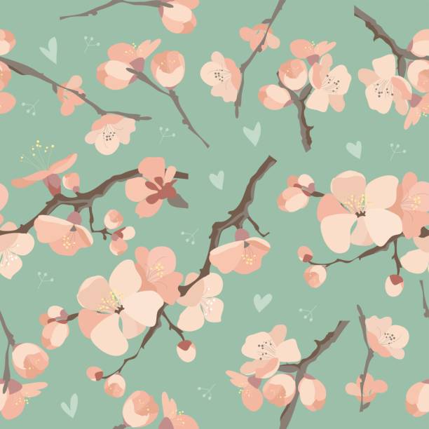 Seamless spring flowers on tree branch pattern Seamless spring flowers on tree branch pattern on blue background fruit tree flower sakura spring stock illustrations