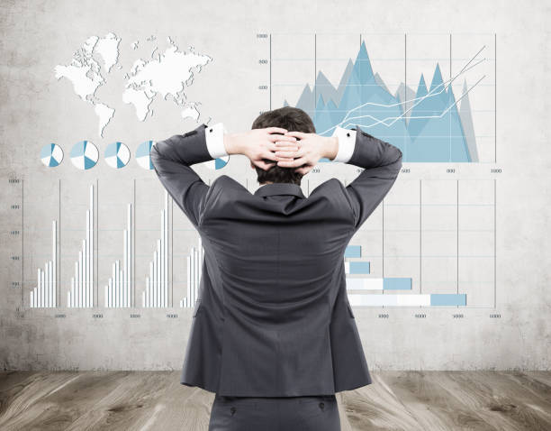 istock Rear view of man looking at four graphs 643342048