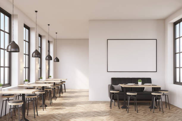 istock Cafe with sofa and poster, wooden floor 643343036