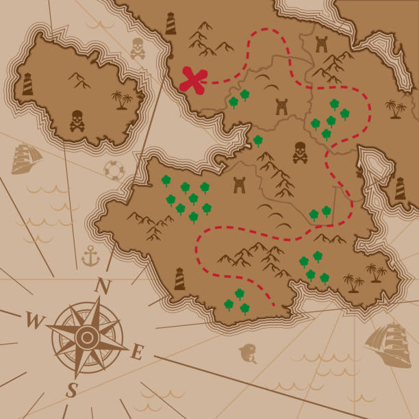 древняя карта сокровищ - compass rose north mountain vector stock illustrations