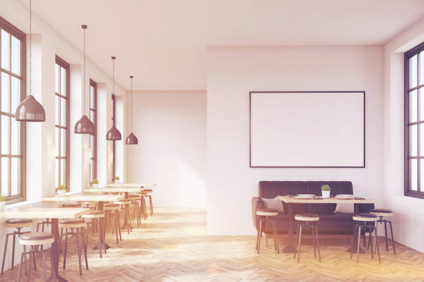 istock Cafe with sofa and poster, wooden floor, toned 643350992