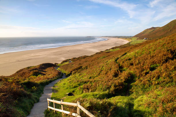 Rhossili Bay - Footpath Rhossili Bay is a beautiful beach on the Western coast of the Gower Peninsular in Wales. Footpath to the bay. gower peninsular stock pictures, royalty-free photos & images