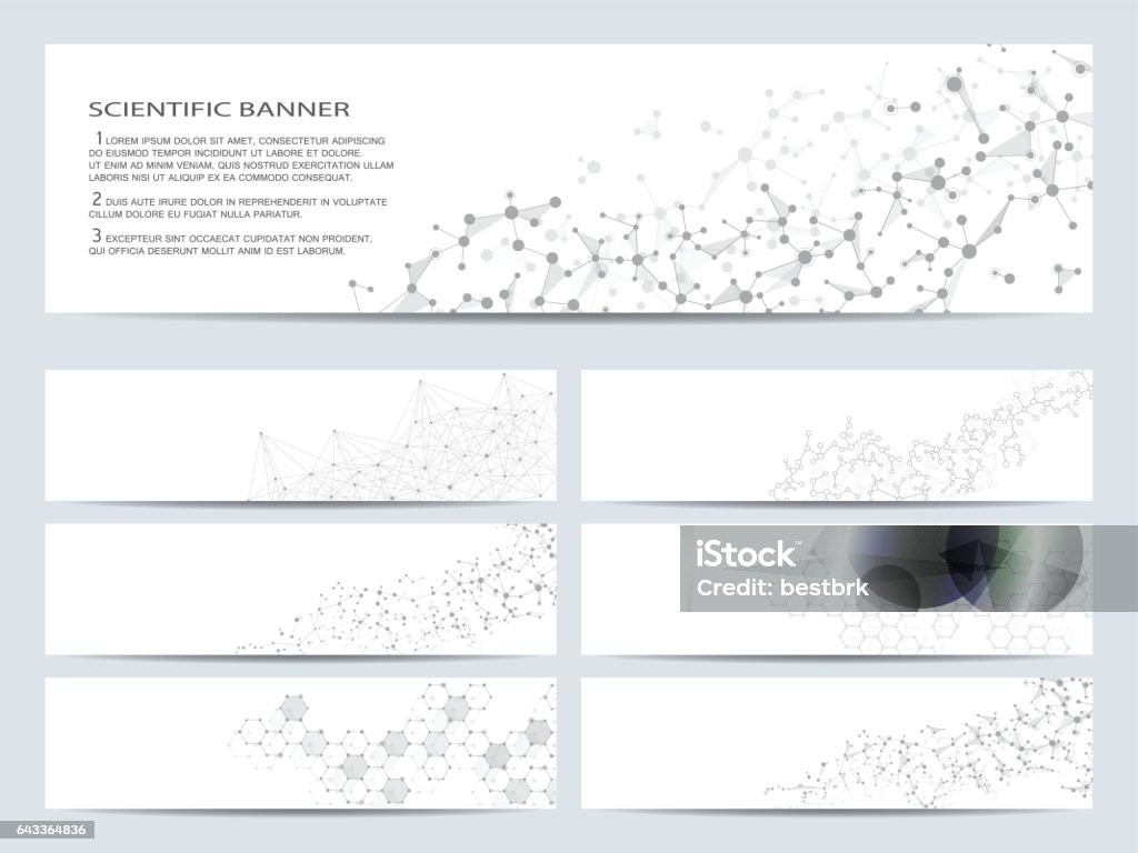 Ensemble de bannières scientifiques modernes. Molécule structure ADN et les neurones. Abstrait. Médecine, sciences, technologie, affaires, modèles de site Web. Graphiques vectoriels évolutifs. - clipart vectoriel de Fond libre de droits