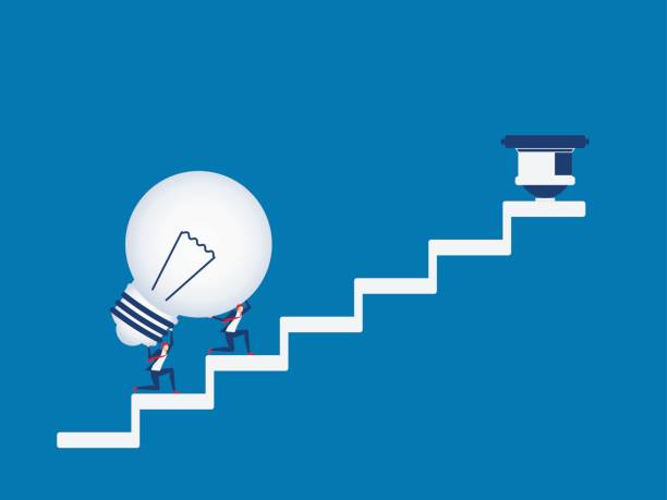 istock Business team carrying light bulb idea on stairs to target and success point. Stairs step to success. 643376116