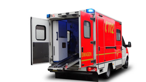 Emergency ambulance car with an open door isolated on a white background.Back view. stock photo