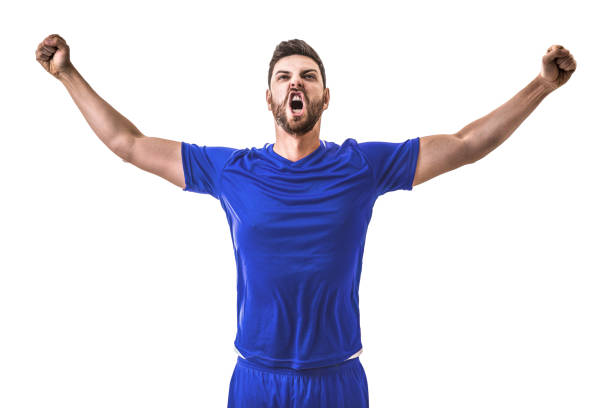 istock Fan / Sport Player on blue uniform celebrating on white background 643378742