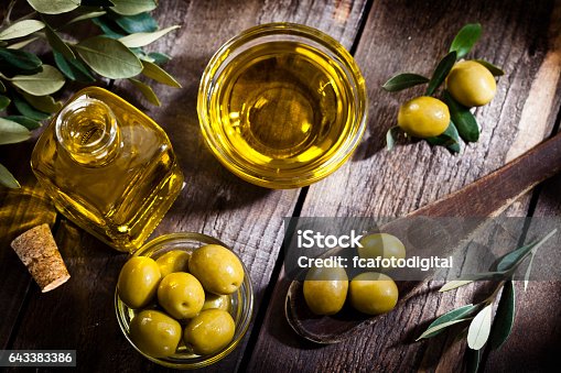 istock Olive oil and green olives shot from above 643383386