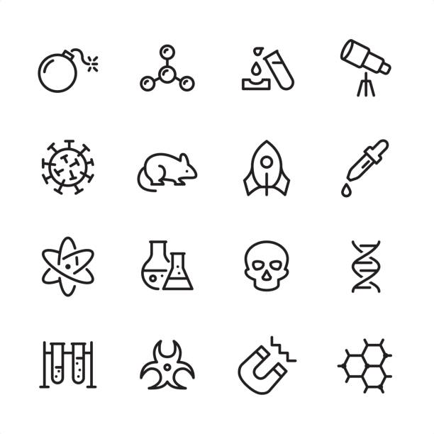 Science - outline icon set 16 line black and white icons / Set #15 chemical reaction stock illustrations