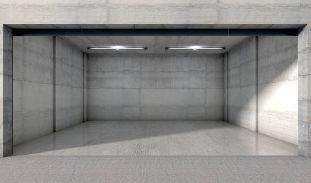 A look inside the interior of an empty double garage made out of concrete - 3D render
