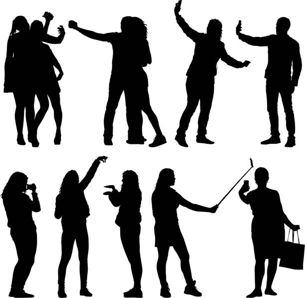 nastavit siluety muž a žena pořizování selfie se smartphonem na bílém pozadí. vektorová ilustrace - selfie stock ilustrace