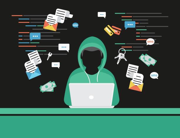 Thief or hacker is stealing log in password of social networks account Faceless thief or hacker stealing login password, money, email, privat messages and credit cards using virus. Flat criminal illustration of hacker coding bug to hack data. Internet security of thief hacker laptop stock illustrations