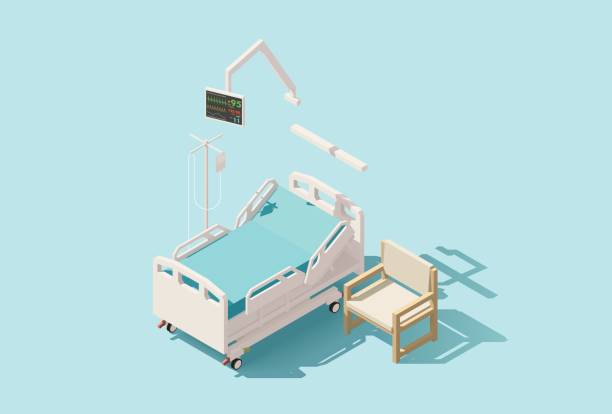 Vector isometric low poly hospital bed Vector isometric low poly hospital bed with IV stand and chair hospital ward stock illustrations