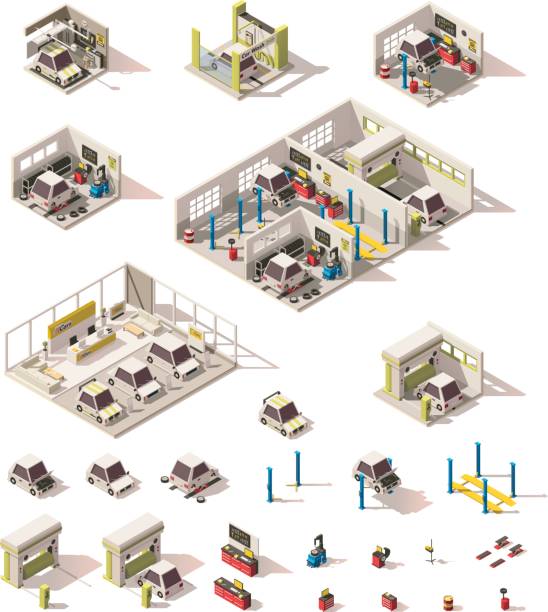 вектор изометрический низкий поли автомобиль значок набор - isometric gas station transportation car stock illustrations