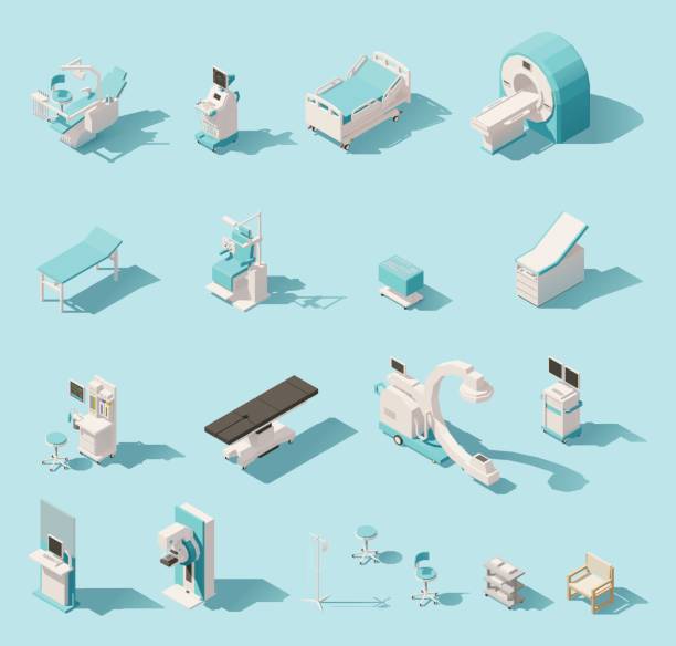 Vector isometric low poly medical equipment set Vector isometric low poly medical equipment set. Includes hospital bed, MRI, x-ray scanner, ultrasound scanner, dental chair etc bed furniture illustrations stock illustrations