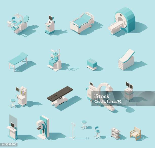 Vector Isometric Low Poly Medical Equipment Set Stock Illustration - Download Image Now - Isometric Projection, Medical Equipment, Hospital
