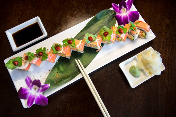 Japanese Sushi Sashimi Gourmet Meal With Purple Orchid
