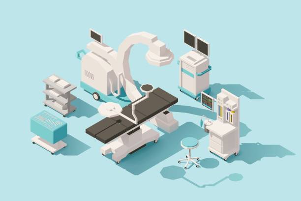 Vector isometric low poly operating room Vector isometric low poly hospital operating room. Includes operating table, x-ray scanner, anesthesia machine and other equipment medical equipment stock illustrations