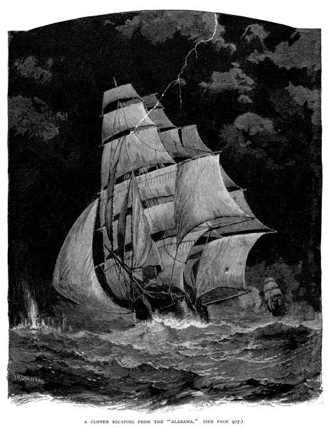 clipper ucieczki css alabama - sea storm sailing ship night stock illustrations