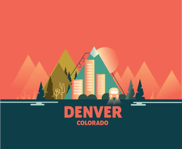 Denver Skyline - Iconic Illustrations of Cities Denver Skyline Illustration with Rocky Mountain, Downtown, Sun, and Rivers. denver stock illustrations