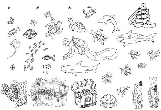 Vector illustration of Set of sea world elements. Vector doodle