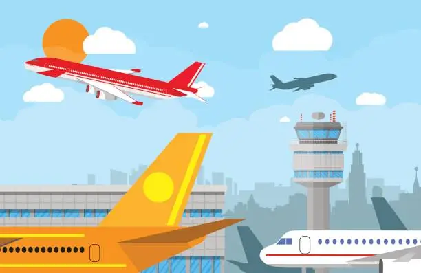 Vector illustration of Airport control tower and flying airplane