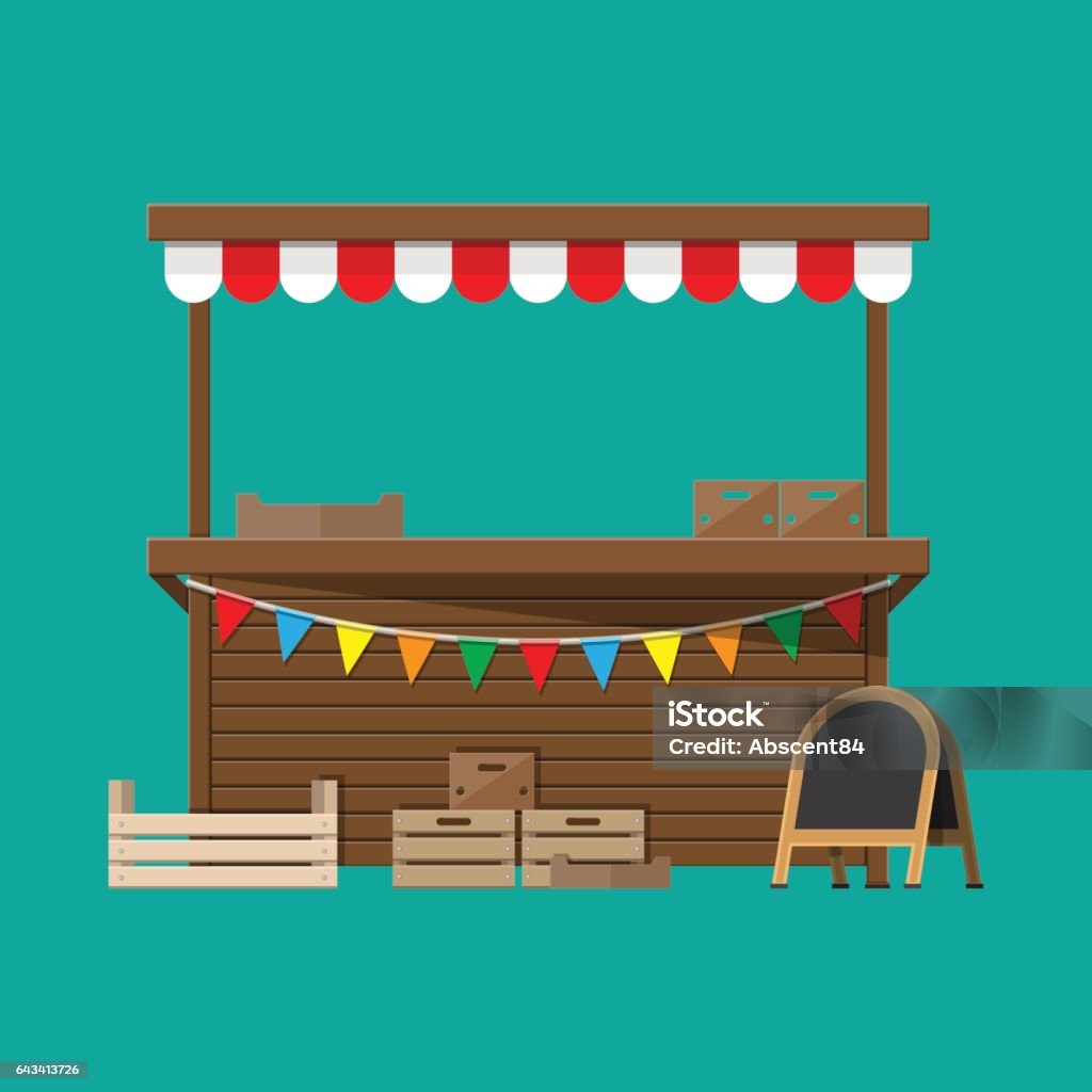 Market food stall with flags, crates, chalk board Traditional market empty wooden food stall with flags. Crates and chalk board. Vector illustration in flat style Market Stall stock vector