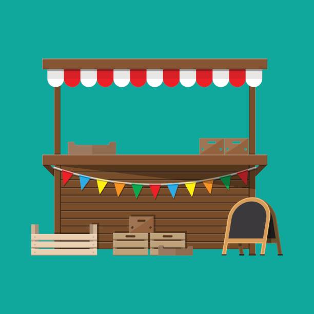 Market food stall with flags, crates, chalk board Traditional market empty wooden food stall with flags. Crates and chalk board. Vector illustration in flat style market stall stock illustrations